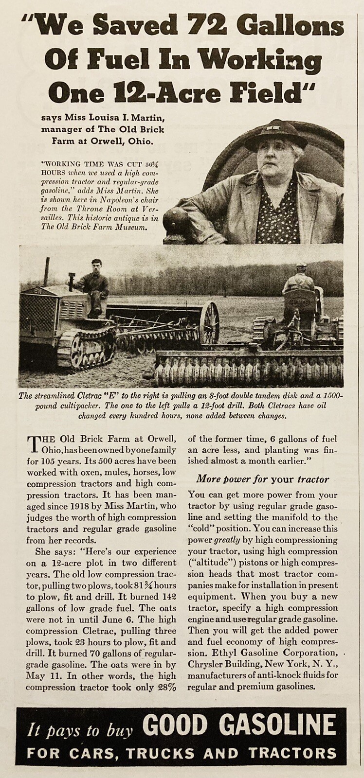 1937 AD.(XH81)~ETHYL GASOLINE CO. CHRYSLER BUILDING, NY. FARM TRACTOR FUEL