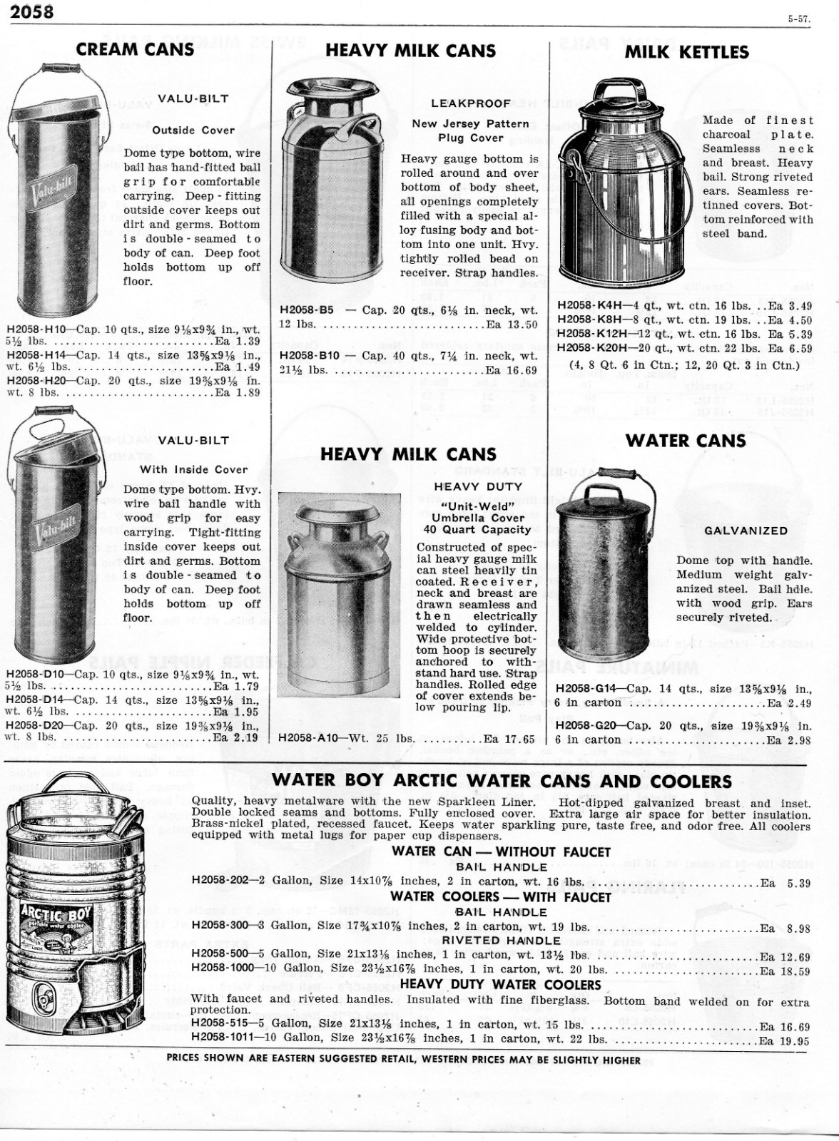 1958 Print Ad of Milk & Water Cans Valu-Bilt Arctic Boy & Dairy Milking Pails
