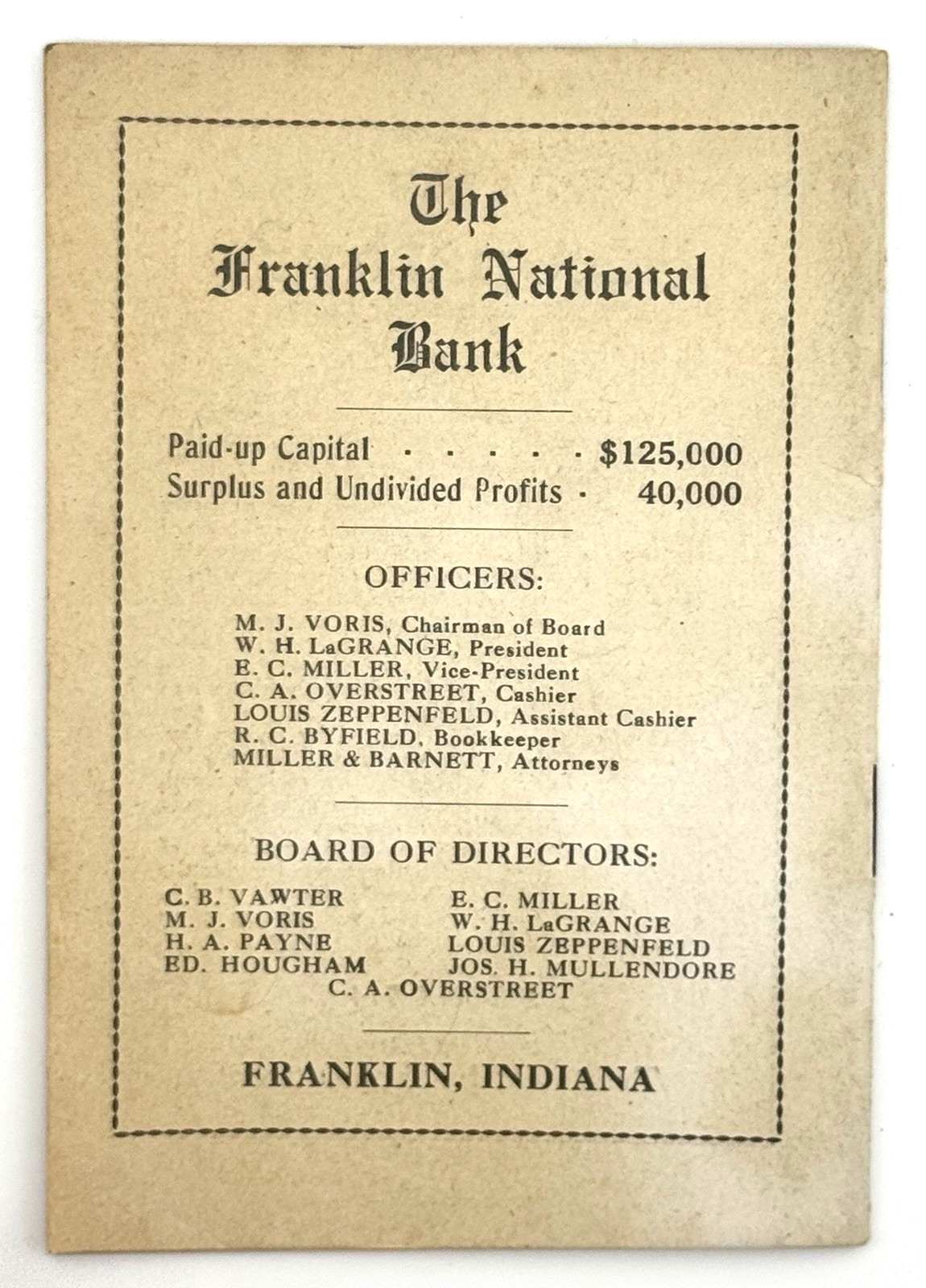Vintage Farmer’s Handbook Franklin National Bank Indiana Cures Horses Farm Info