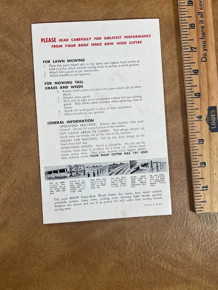 1950’s ROOF FENCE ROW WEED CUTTER Instructions Pontiac, Illinois