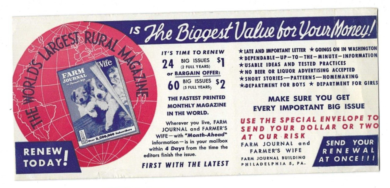 Old Advertising Premium Blotter Farm Journal Farmer’s Wife Magazine Philadelphia