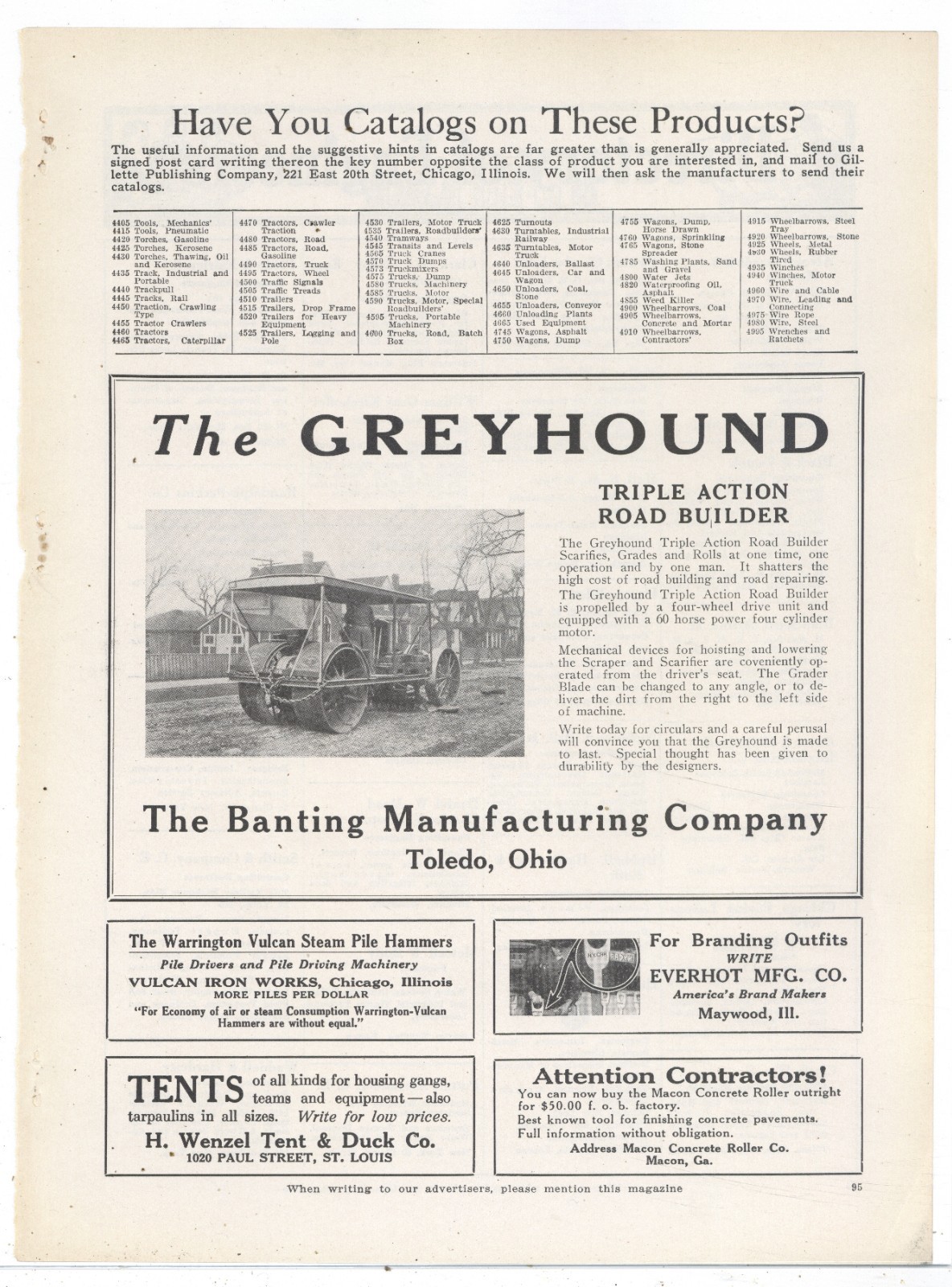 1927 Banting Mfg. Co. of Toledo Ad: Greyhound Triple Action Road Builder Pic
