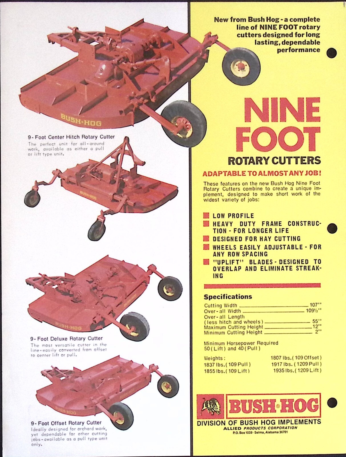 Bush Hog Model 109, 109-0, and 1209 Rotary Cutter brochure
