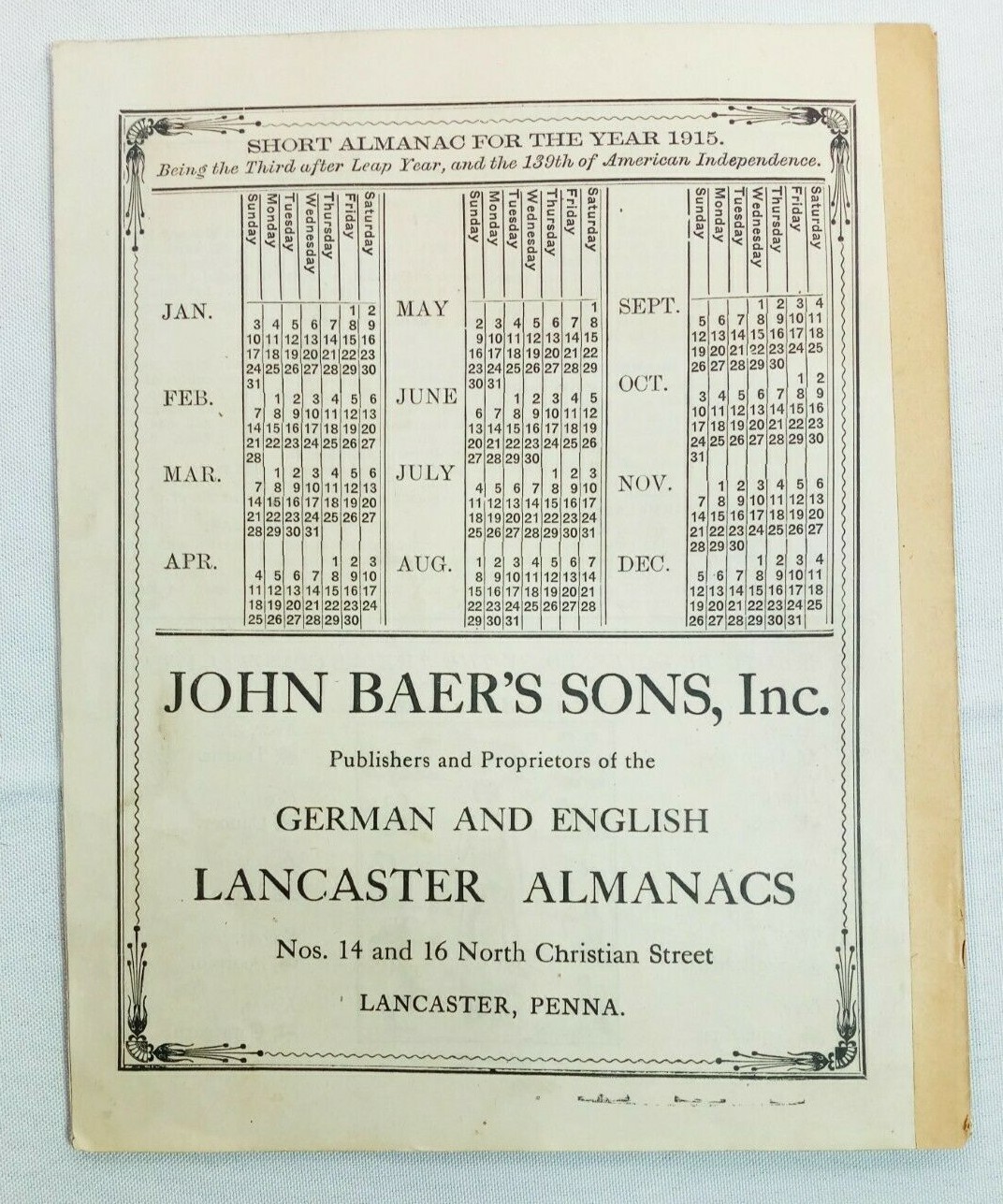 Vintage 1915 John Bear Baer’s Agricultural Almanac Lancaster PA Antique Farmers