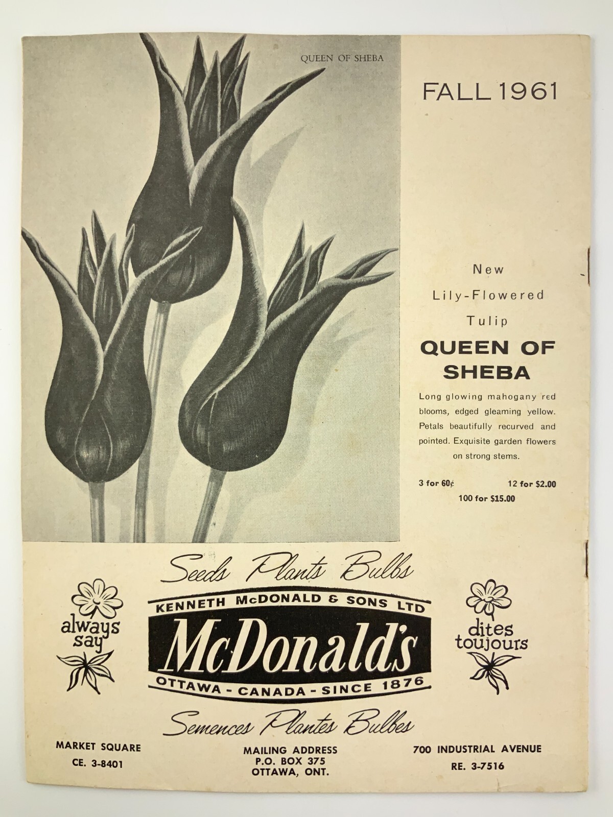 McDonald’s Seeds Plants Bulbs Catalogue Fall 1961 Catalog Ottawa Canada EE630