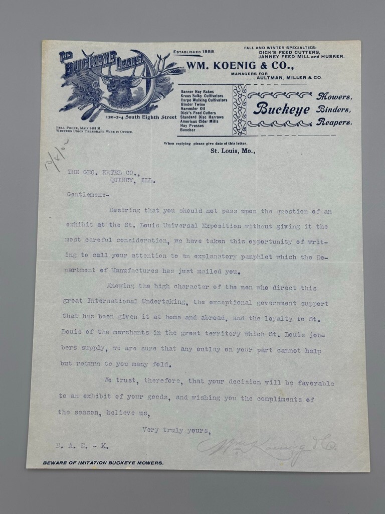 1902 Koenig BUCKEYE Antique FARM MACHINERY Advertising Letter ST LOUIS EXPO