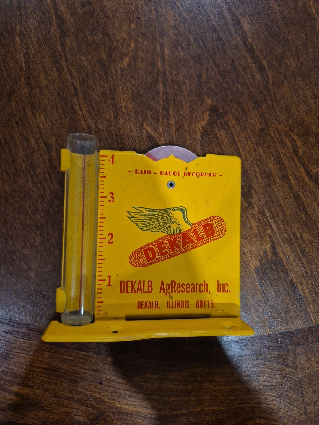 Vintage Dekalb Rain Gauge Recorder AgResearch Metal Glass Farmer Crops Tin Sign