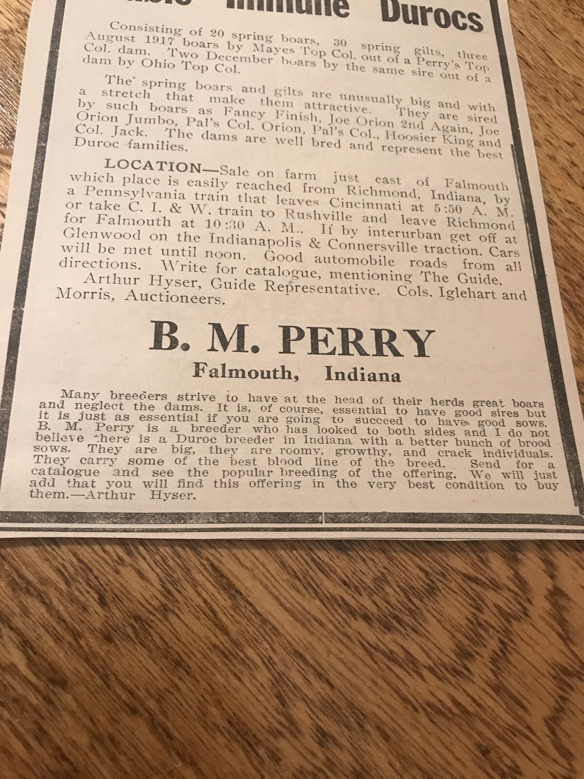 ORIGINAL 1918 Sow Public Sale – Falmouth – Indiana – Farm Advertising – Hog Pig