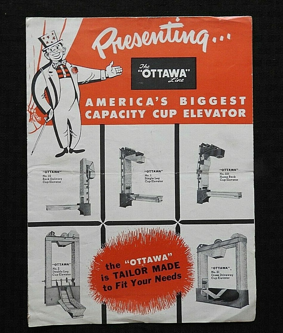 1950’s “OTTAWA BIGGEST CAPACITY GRAIN CUP ELEVATOR” FOLD-OUT POSTER BROCHURE IL