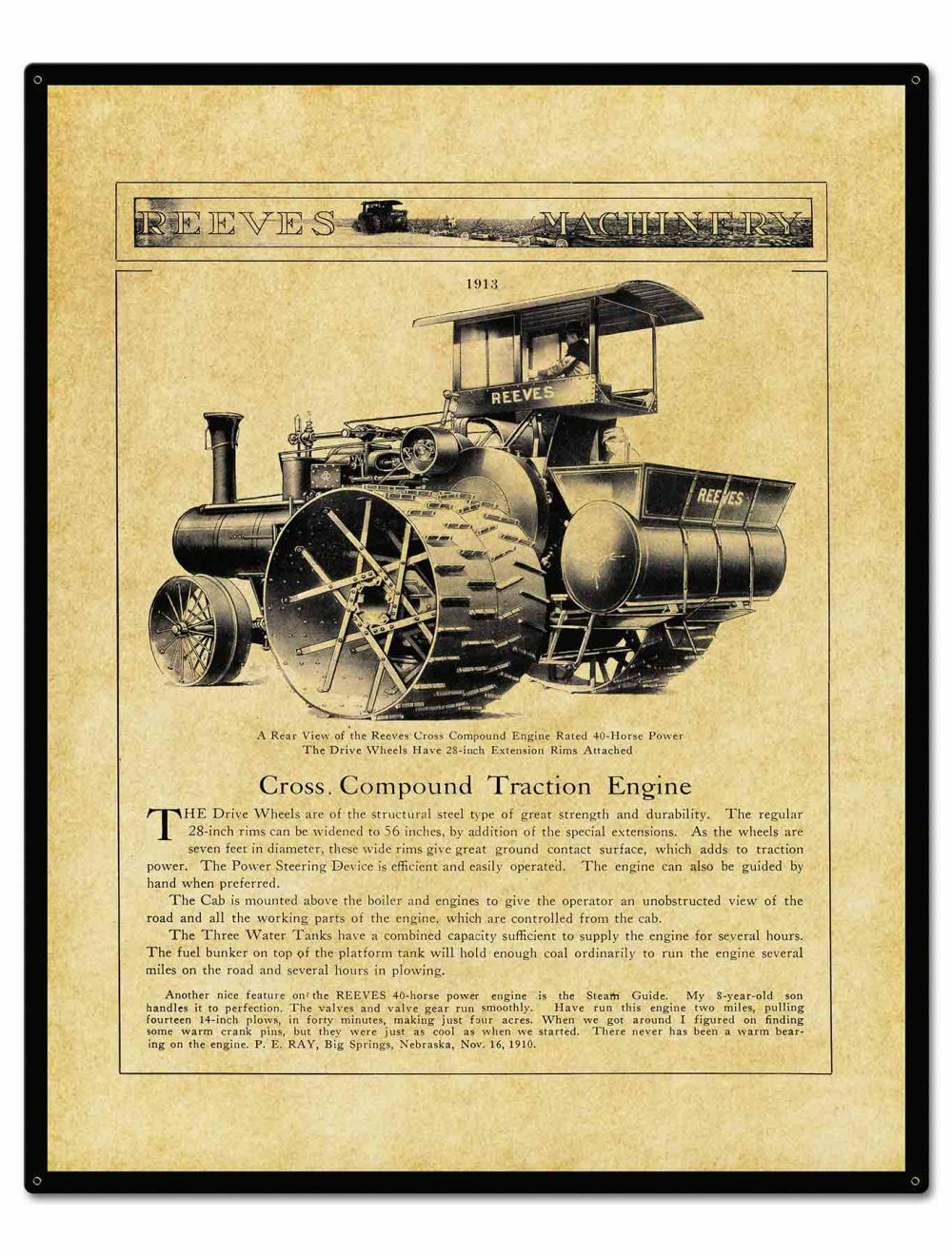 1913 REEVES Traction Engine 40HP – 24″ x 30″ USA STEEL Extra Large – 7 Pounds!
