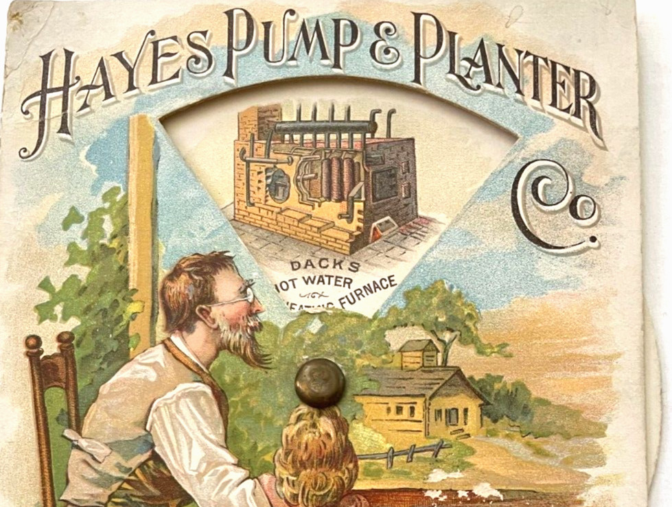 Clever Victorian Trade Card “Hayes Pump & Planter Co.” Wheel Showing Products *