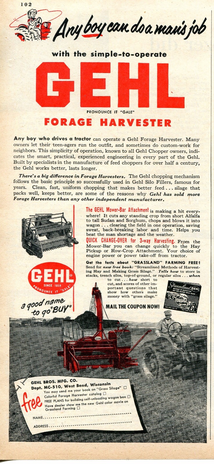 1953 Print Ad of Gehl Forage Harvester Tractor any boy can do a man’s job