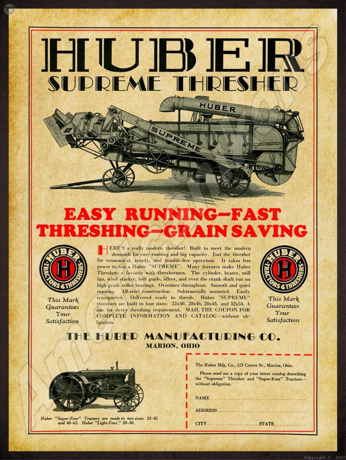Huber Supreme Thresher & Super 4 Tractor NEW Sign 24×30″ USA STEEL XL Size 7 lbs
