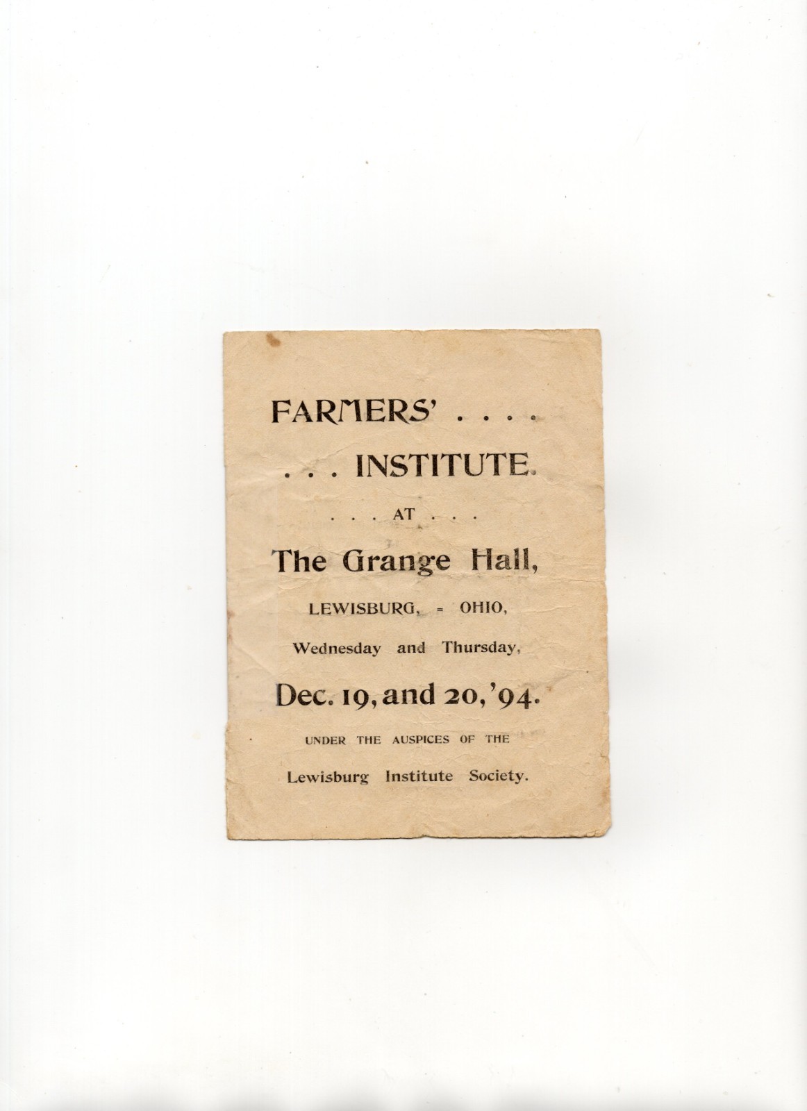 1894 – Ohio Farmers Institute LewisBurg Institute Society Ohio Program – XL5Q