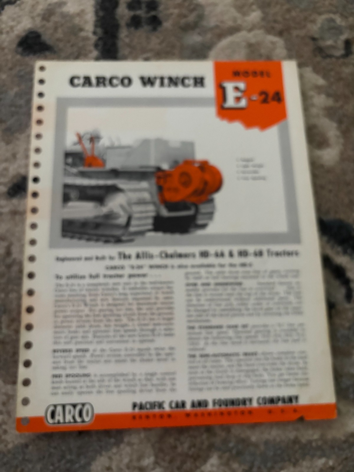 Carco Model E-24 Winch For Allis Chalmers HD-6A HD-6B Tractor Brochure FCCA25