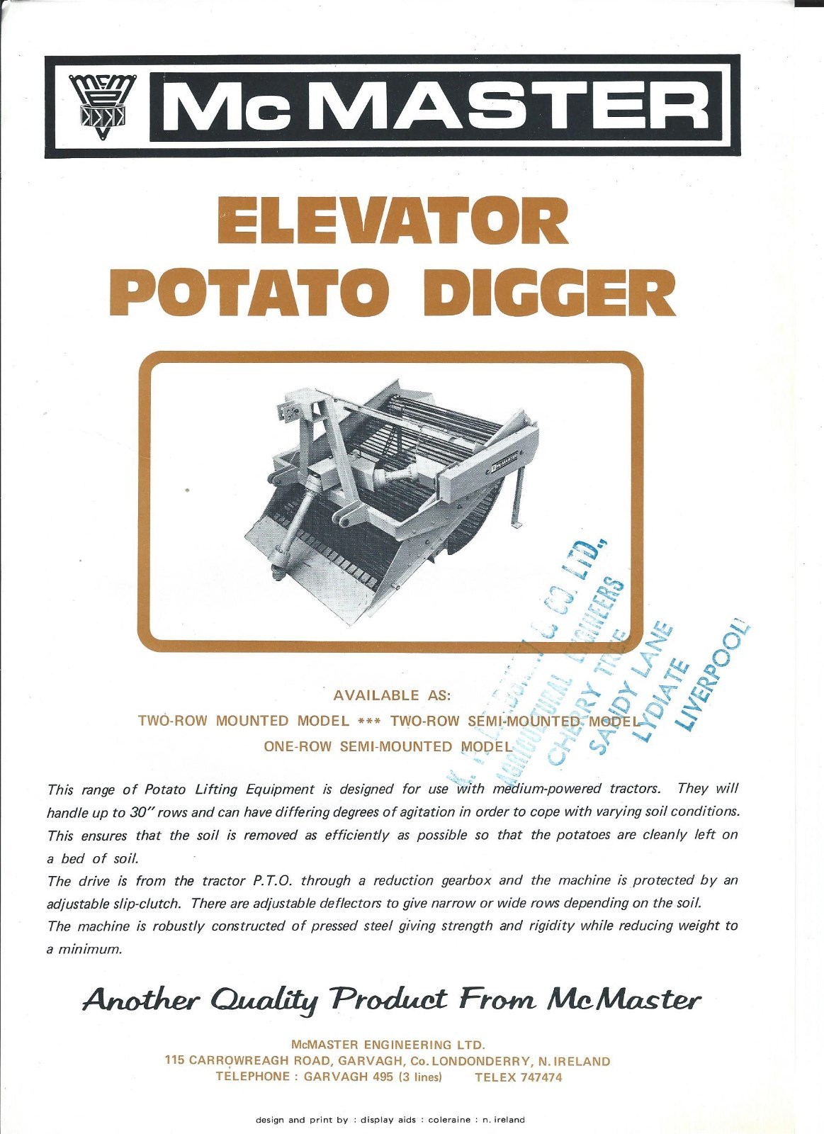Farm Equipment Brochure – McMaster – Elevator Potato Digger – c1970’s (F5138)