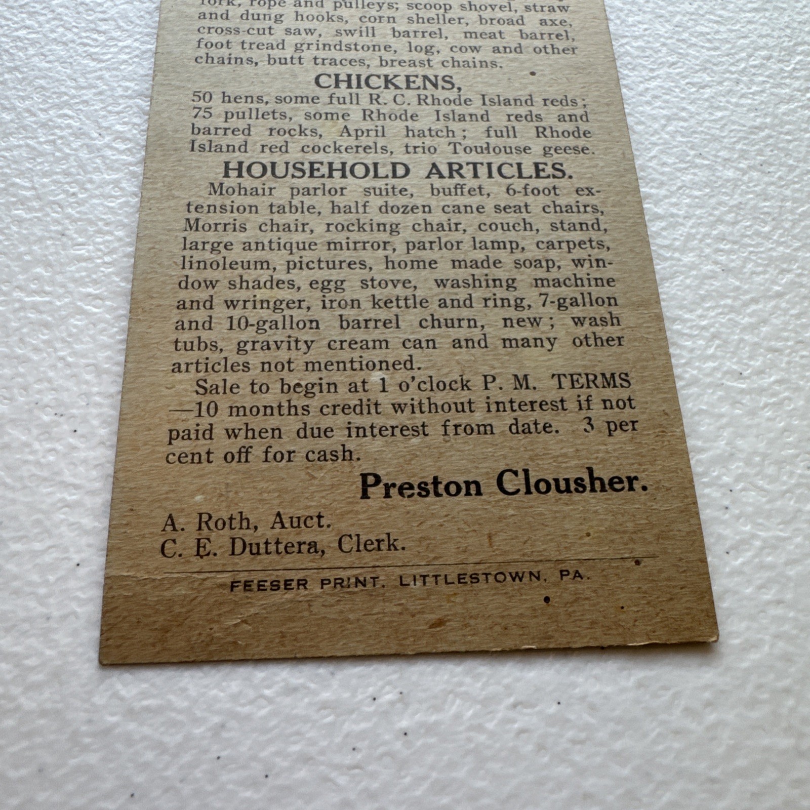 Public Livestock Sale 1923 Advertisement Add Feeser Print, Littlestown, PA