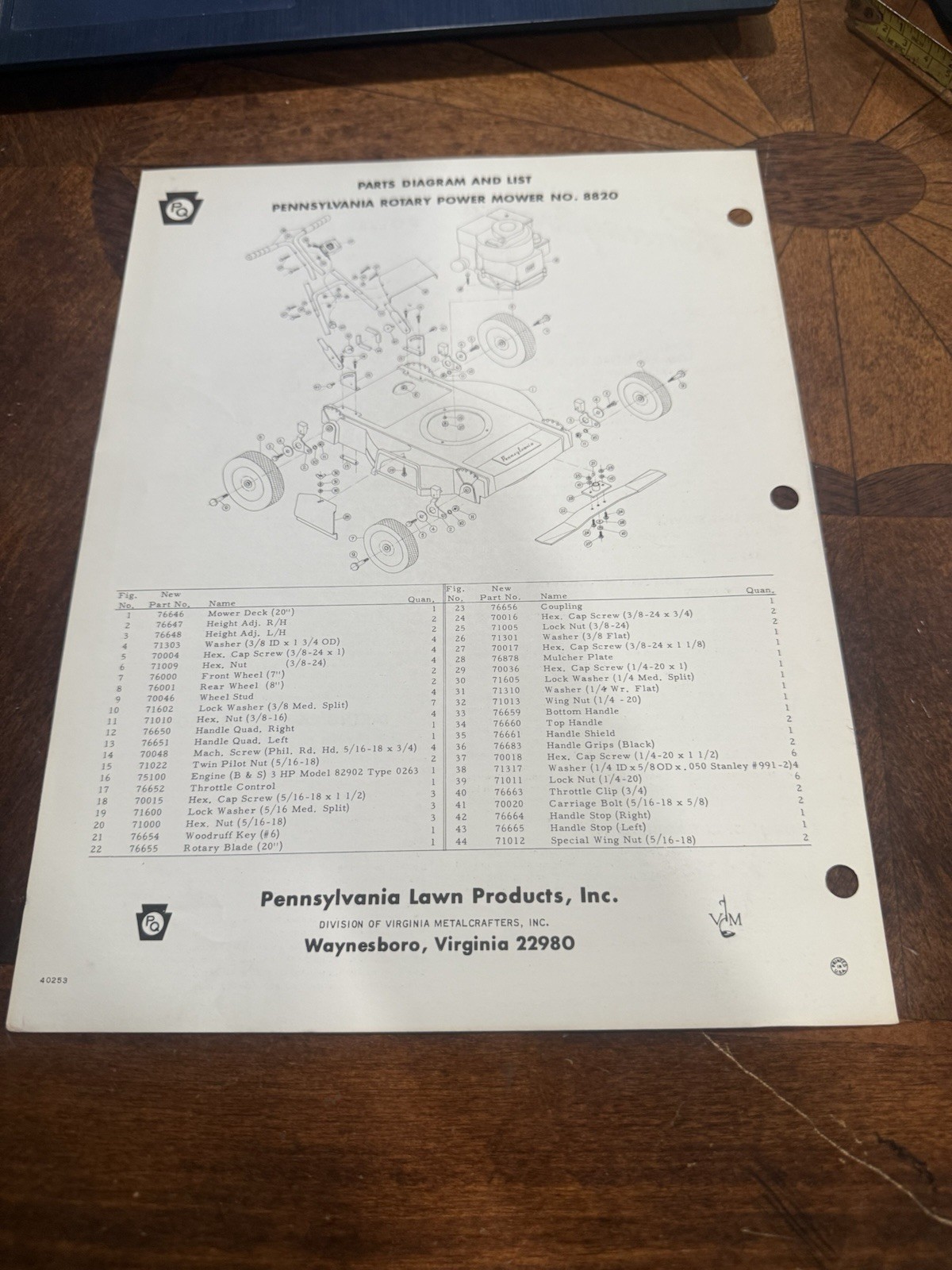 Pennsylvania Rotary Power Mower 20” Model 8820 Instructions Sheet
