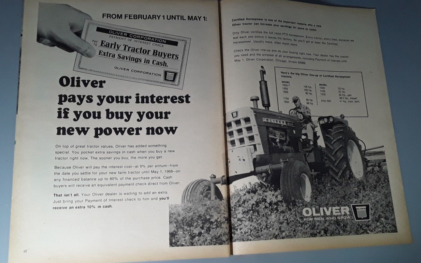 Original 1968 Oliver Tractor 2-Page Magazine Ad “Oliver Pays Your Interest”
