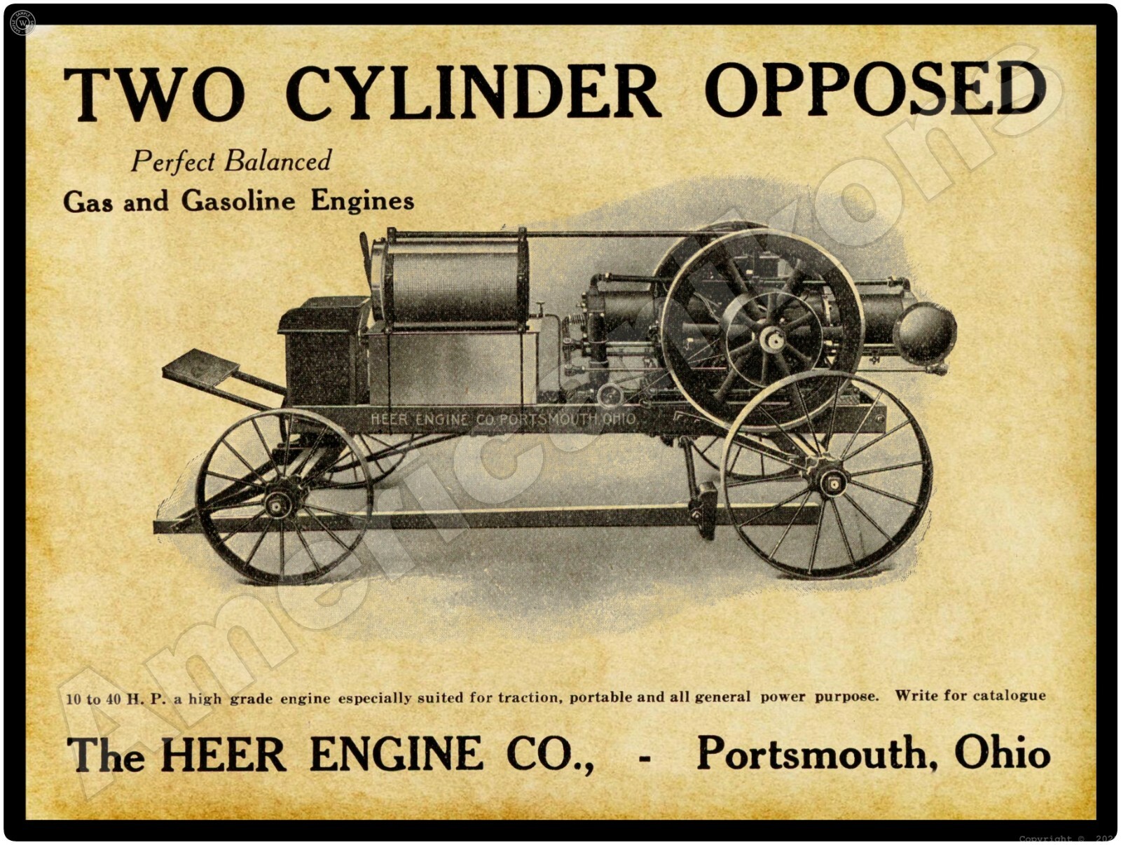 1910 Heer Two Cylinder Opposed Gas Engines New Metal Sign: LARGE SIZE 12 x 16