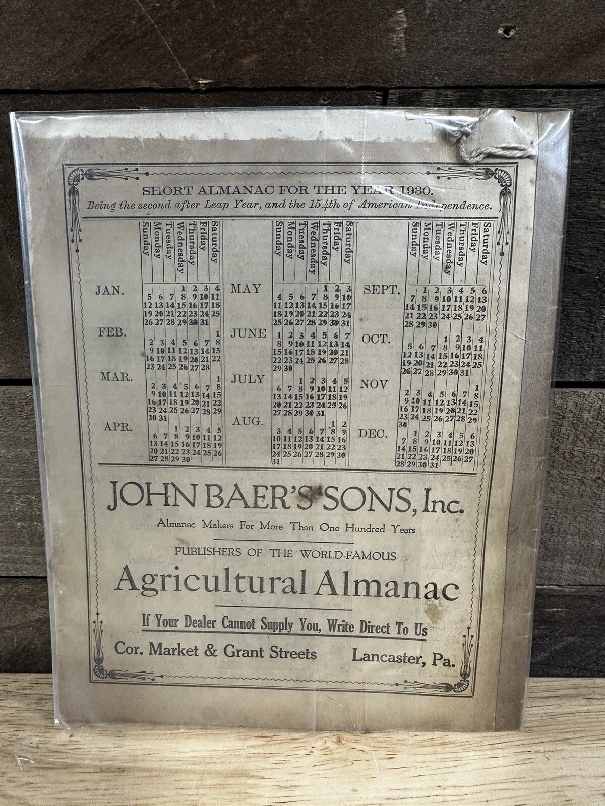 Vintage 1930 John Baer’s Sons Lancaster PA Agricultural Almanac