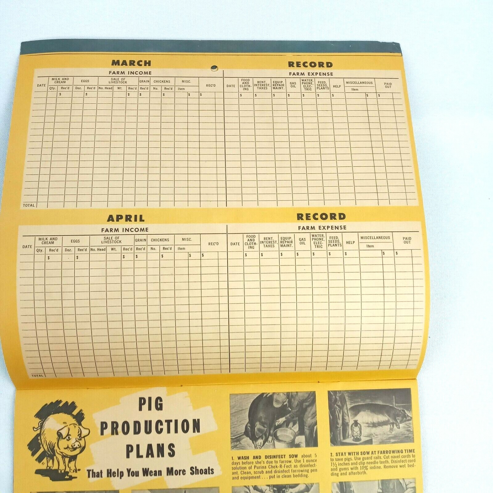 Vintage 1948 Farm Income & Expense Calendar Gehl’s Market Pig Production Plan