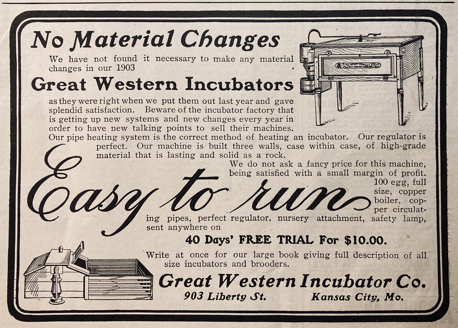 1903 AD.(XH63)~GREAT WESTERN INCUBATOR CO. KANSAS CITY. GREAT WESTERN INCUBATORS
