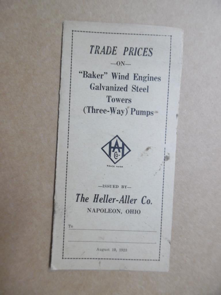 1923 Heller Aller Co. Windmill Wind Engine Equipment Catalog Price List Vintage