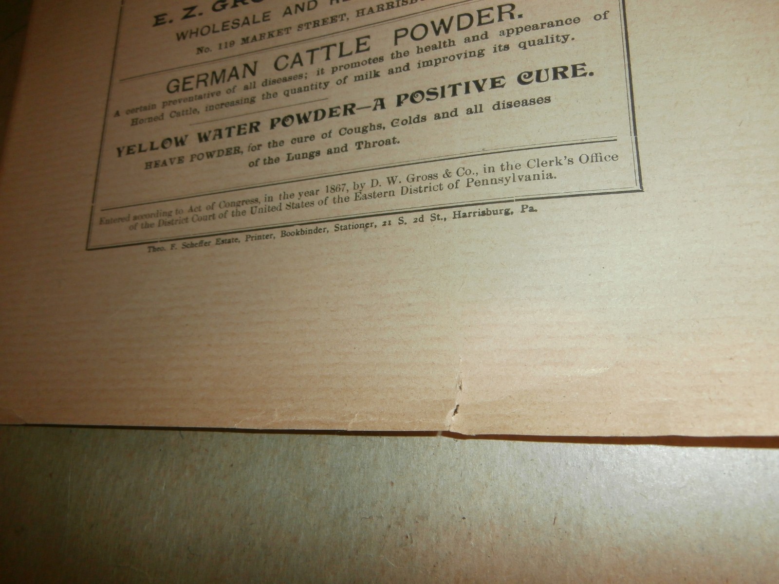 Harrisburg PA E Z Gross Drug Store German Horse Cattle Powder 1800’s Paper Ad