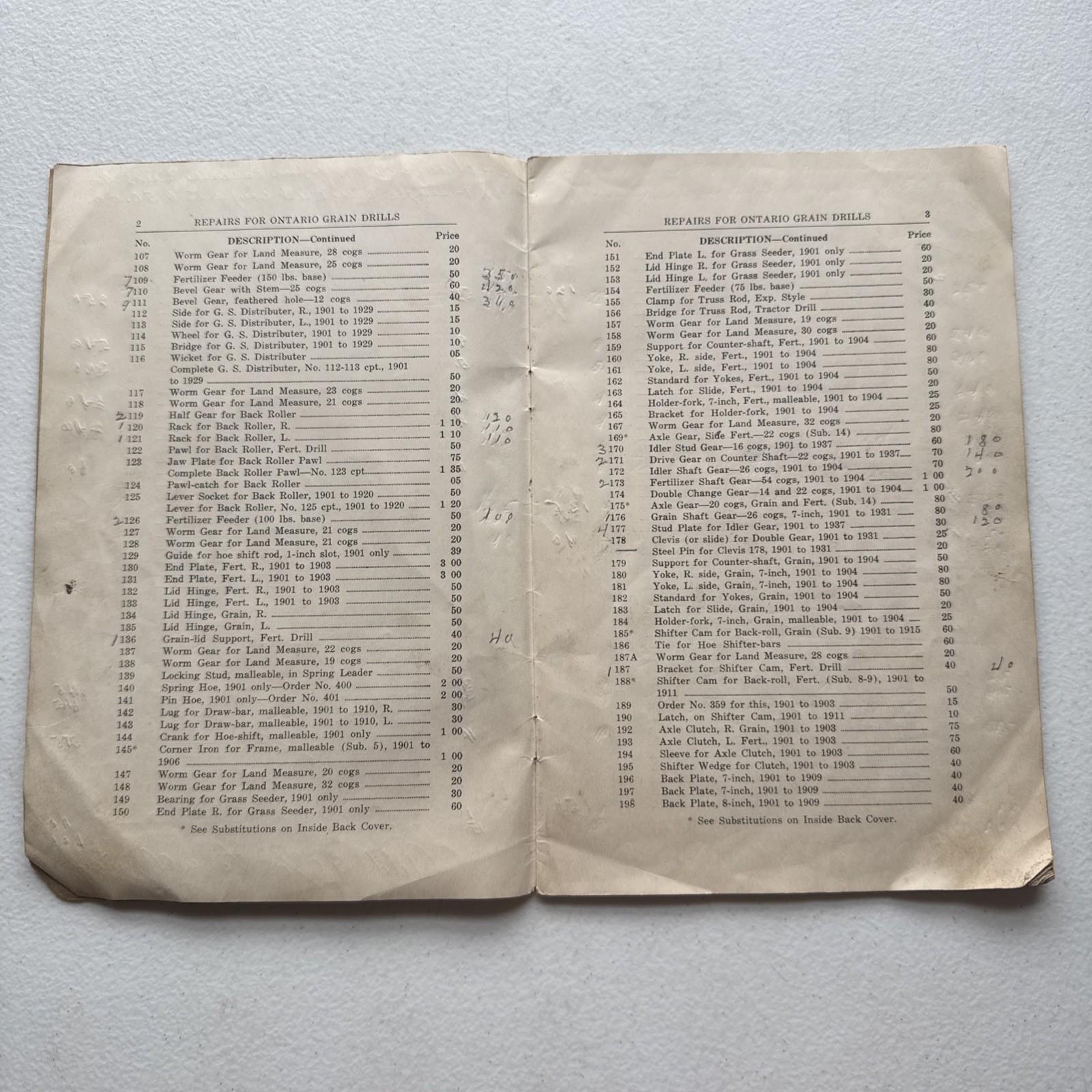 Ontario Drill Co. No. 39 Grain Drills Price List Of Repairs East Rochester, NY