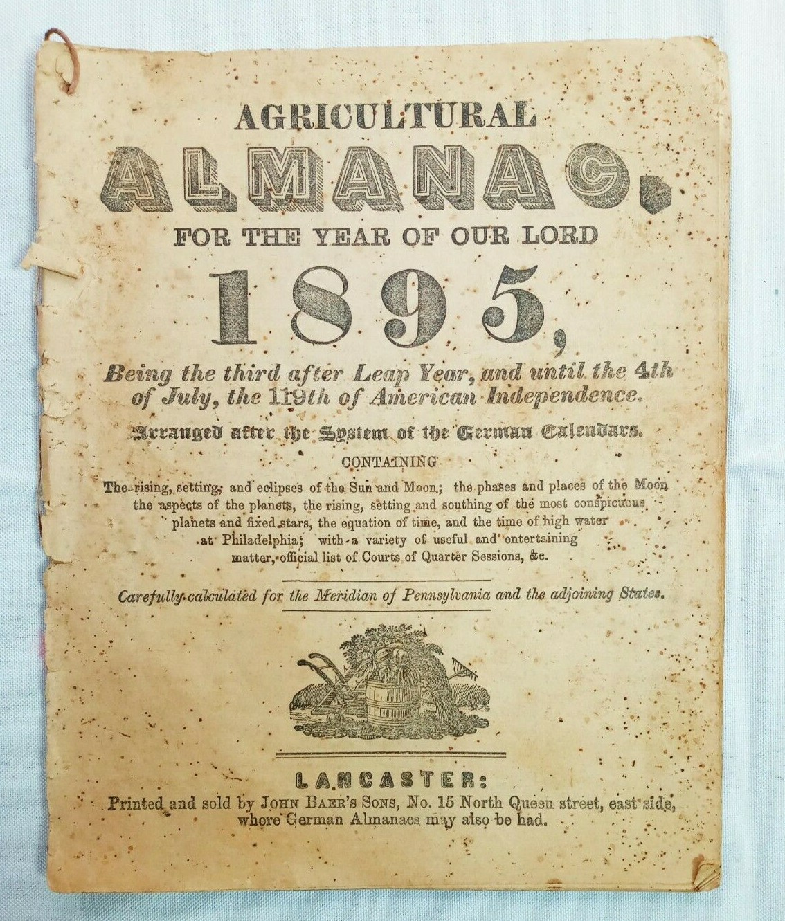 Vintage 1895 John Bear Baer’s Agricultural Almanac Lancaster PA Antique Farmers