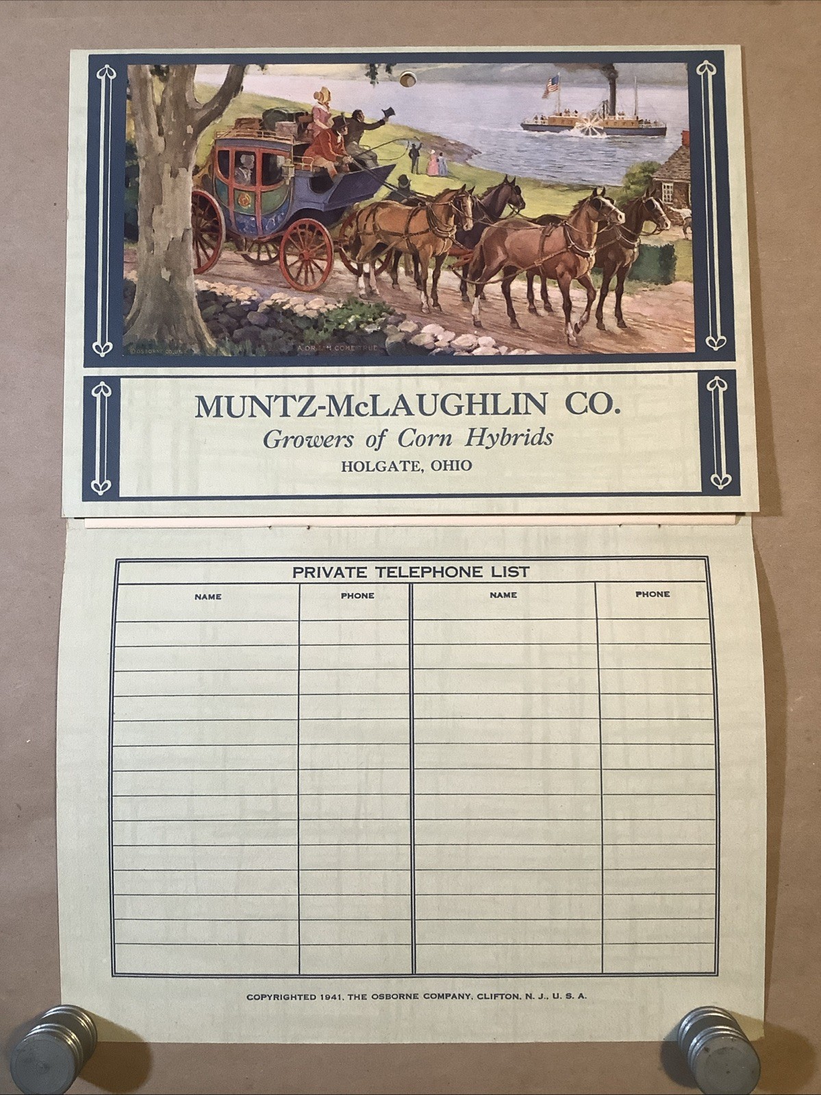 1942 Muntz-McLaughlin Co. Farm Inventory Telephone Chart Holgate OH INV-P0162