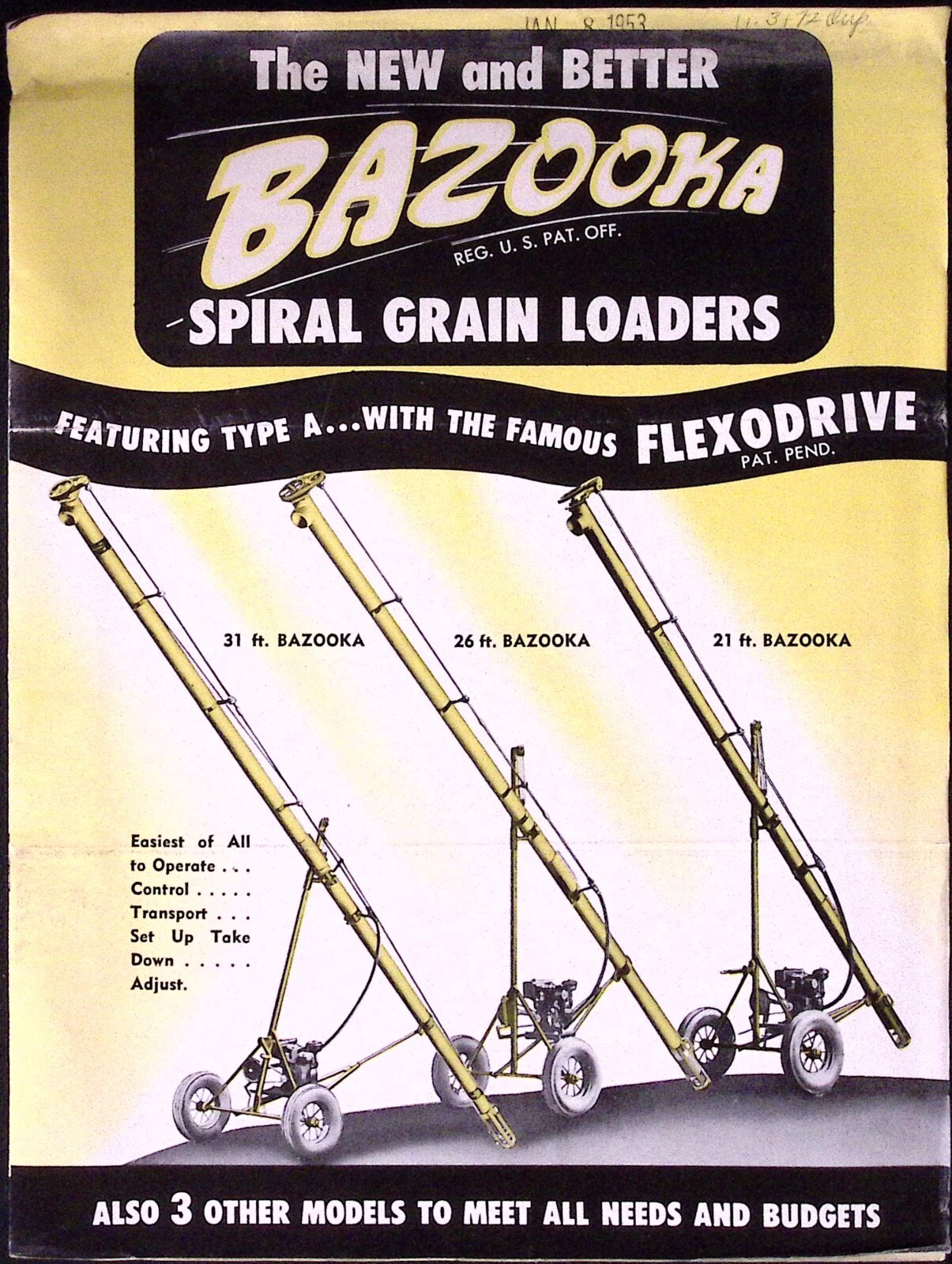 1953 Bazooka Spiral Grain Loader Model B-50 Brochure Wyatt Mfg Co Salina KS