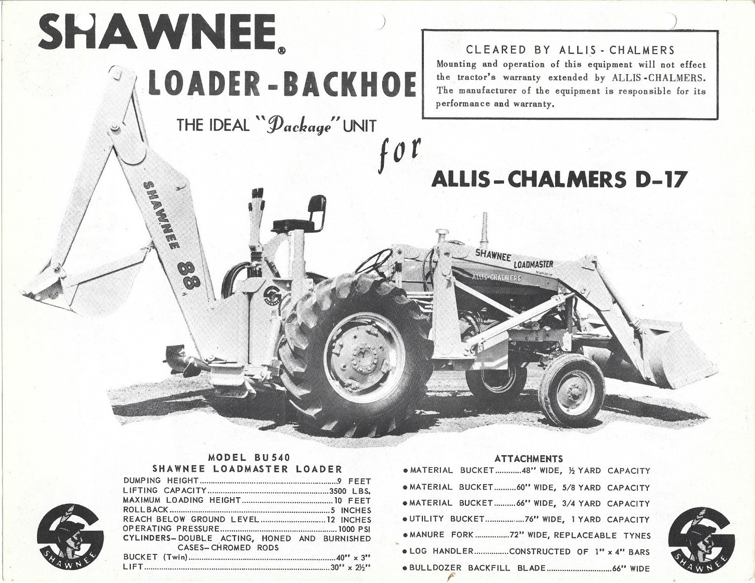 Shawnee 88 Backhoe Loader for Allis Chalmers D17 Tractor – Single Page Brochure