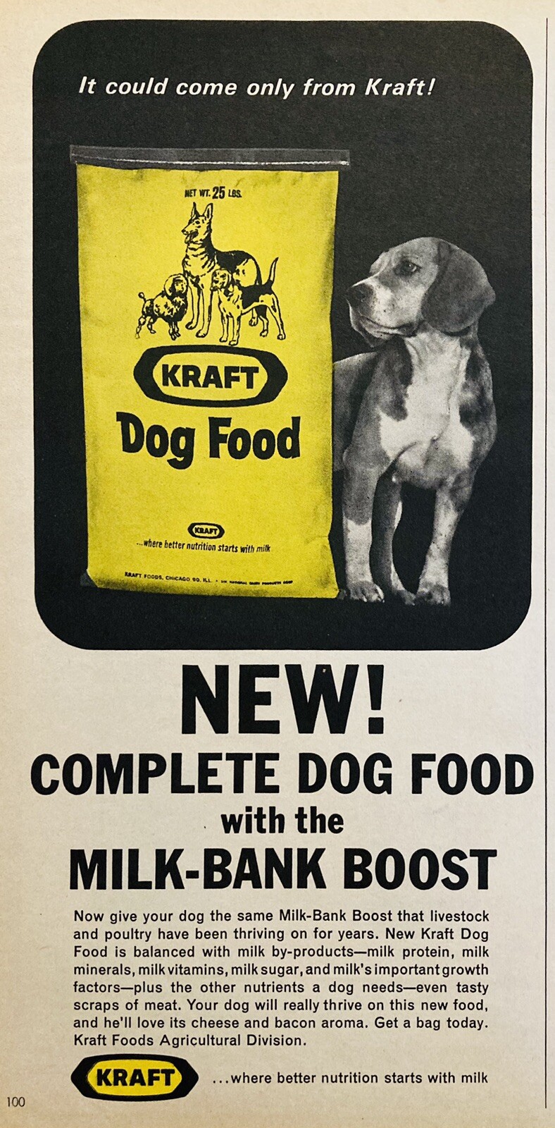 1964 AD.(XH76)~KRAFT FOODS, CHICAGO. NEW KRAFT DOG FOOD W/MILK-BANK BOOST