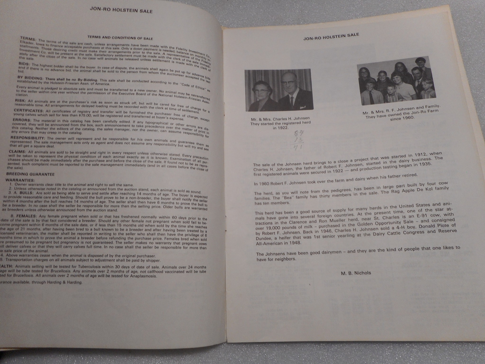 1973 St Charles Illinois Robert Johnsen Holstein Cattle Farm Sale Catalog