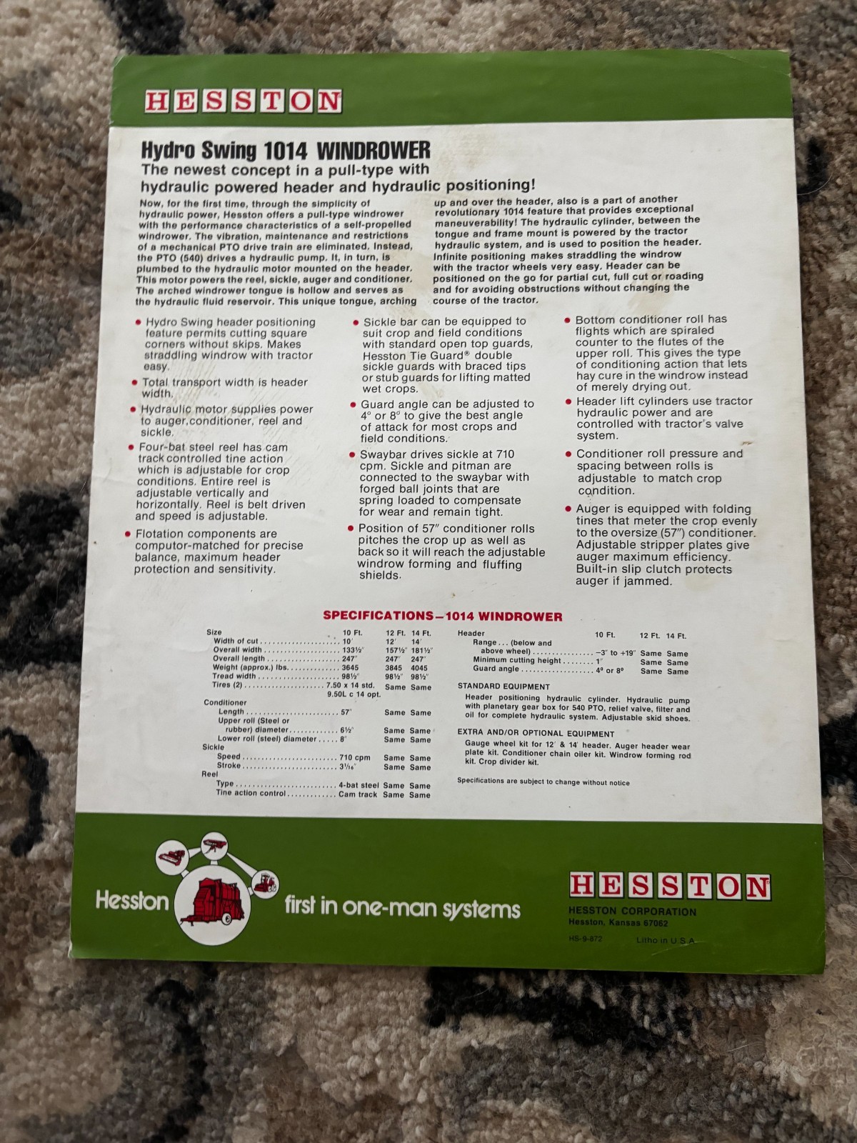 Hesston 1014 Hydro Swing Windrower For 1972 Brochure DCPA26