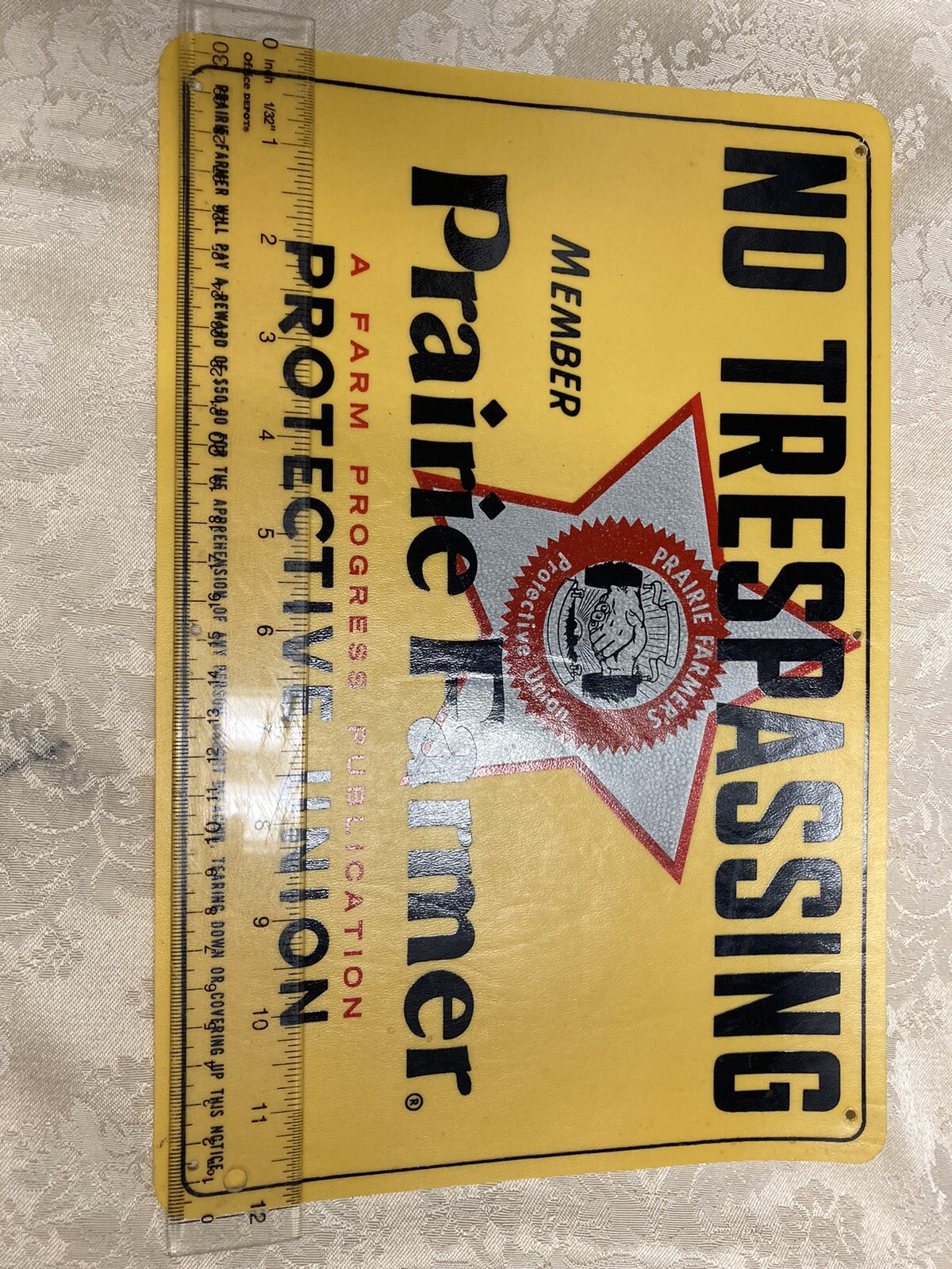 Vtg Prairie Farmer Protective Union No Traspassing Sign Plastic 22×8 Preowned