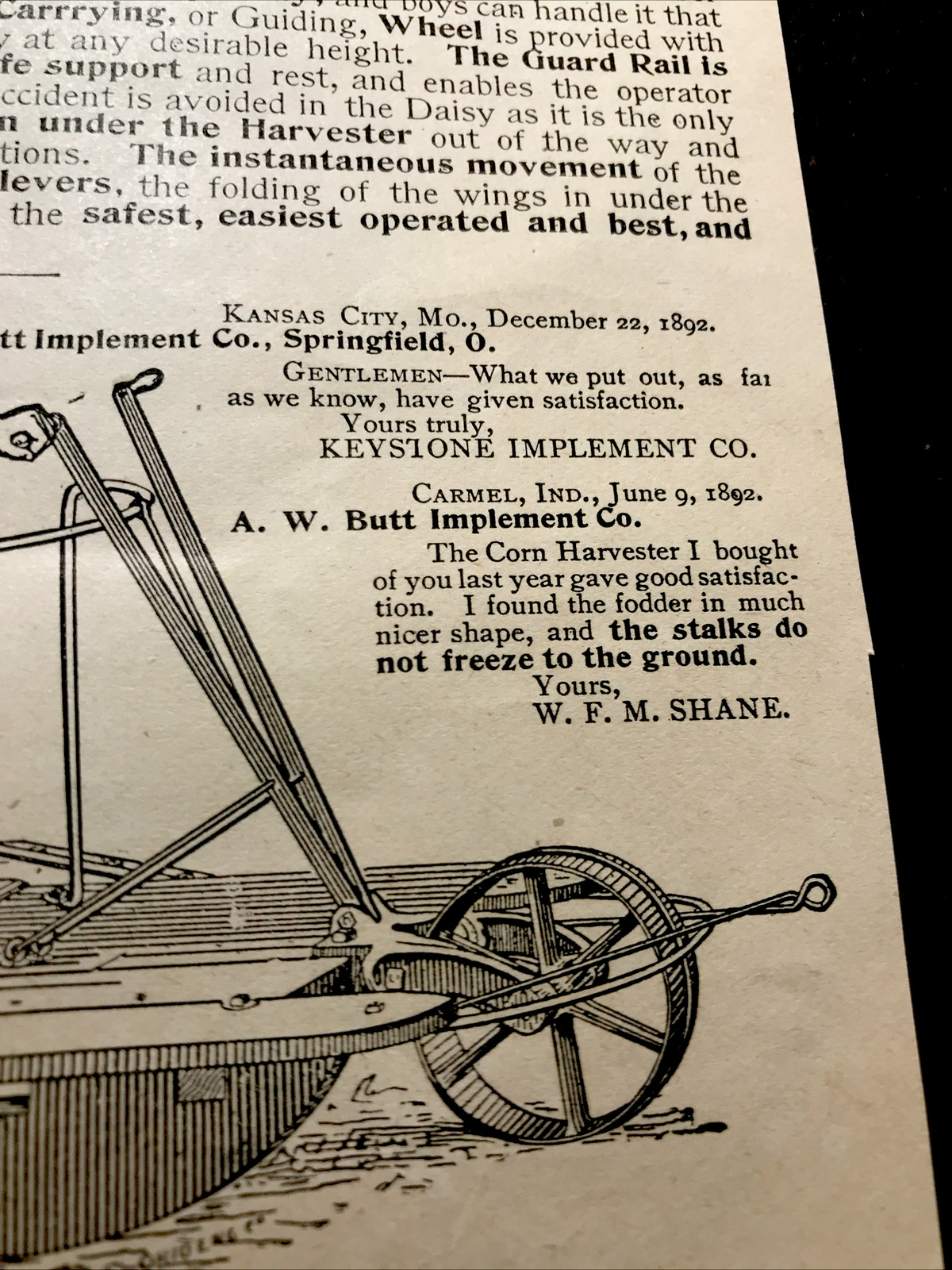 1893 Butt Daisy Corn Harvester Farm Engraving Advertising – Springfield – Ohio