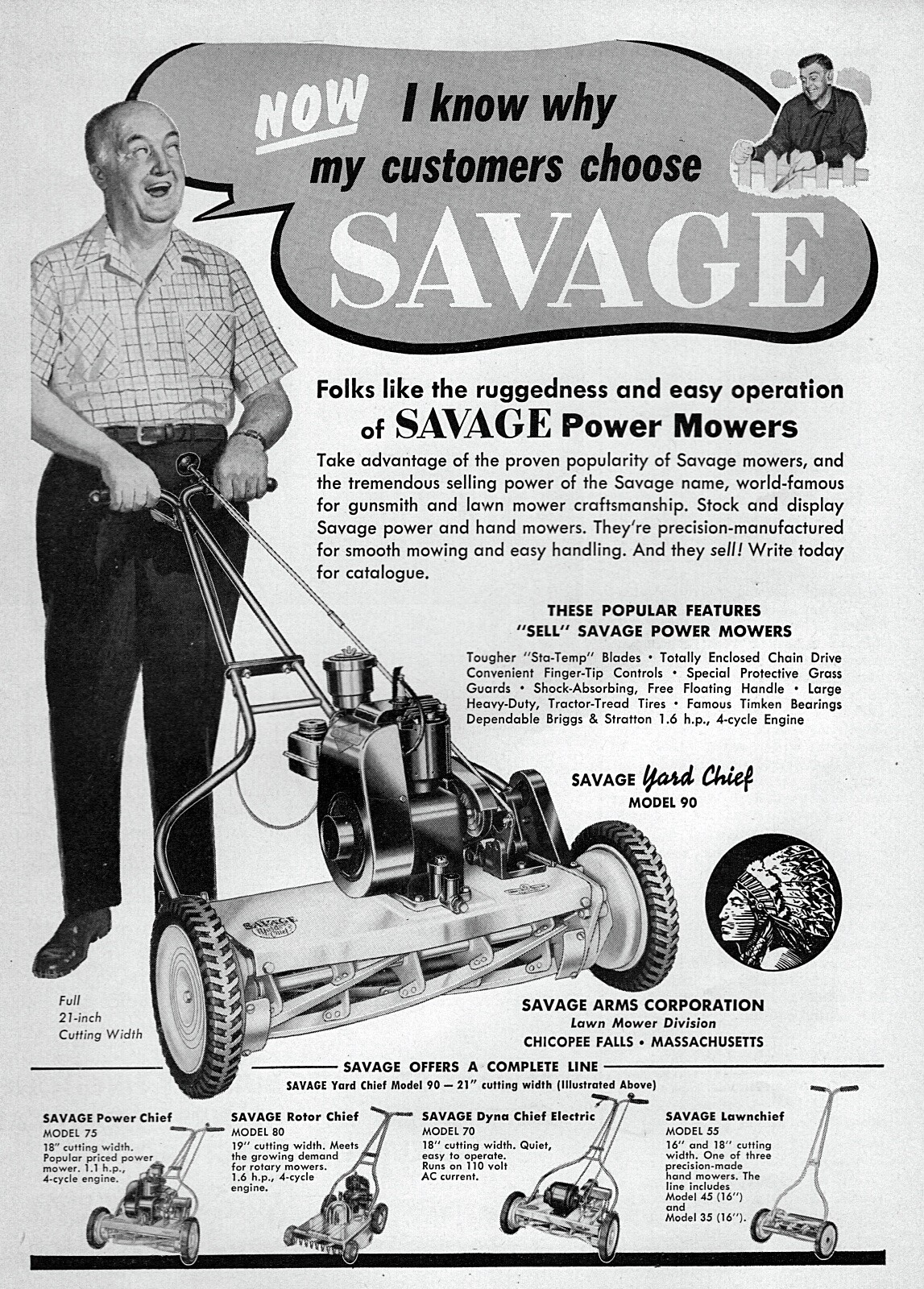 1952 Savage Yard Chief 90 Lawnmower Original Print Ad