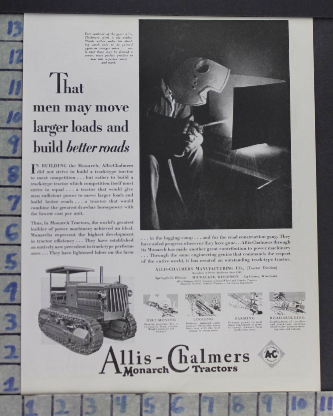 1929 ALLIS CHALMERS MONARCH TRACTOR BULLDOZER ROAD MACHINERY VINTAGE AD CT51