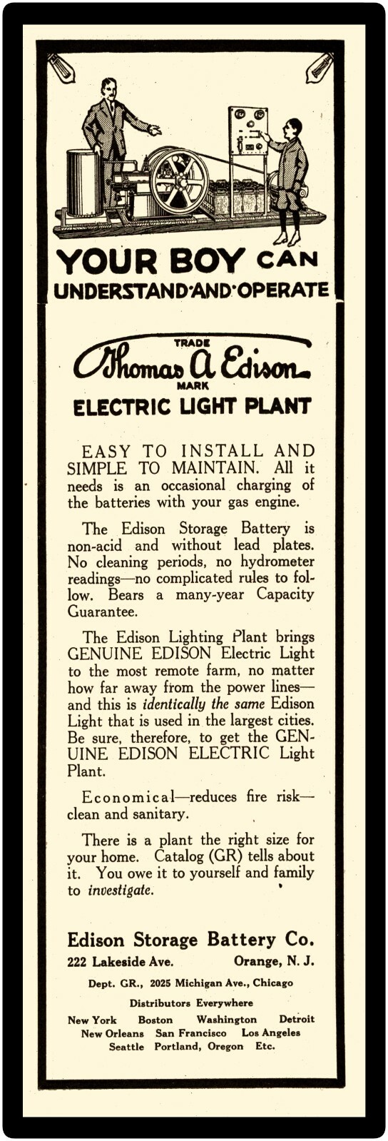 Thomas Edison Electric Light Plant Sign, 16″ x 48″ USA STEEL XL Size – 8 POUNDS