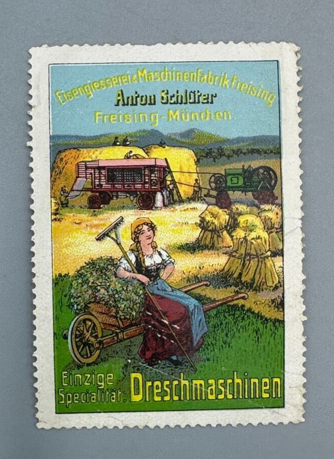 1920s THRESHING MACHINE Tractor German Farm Advertising POSTER STAMP Cinderella