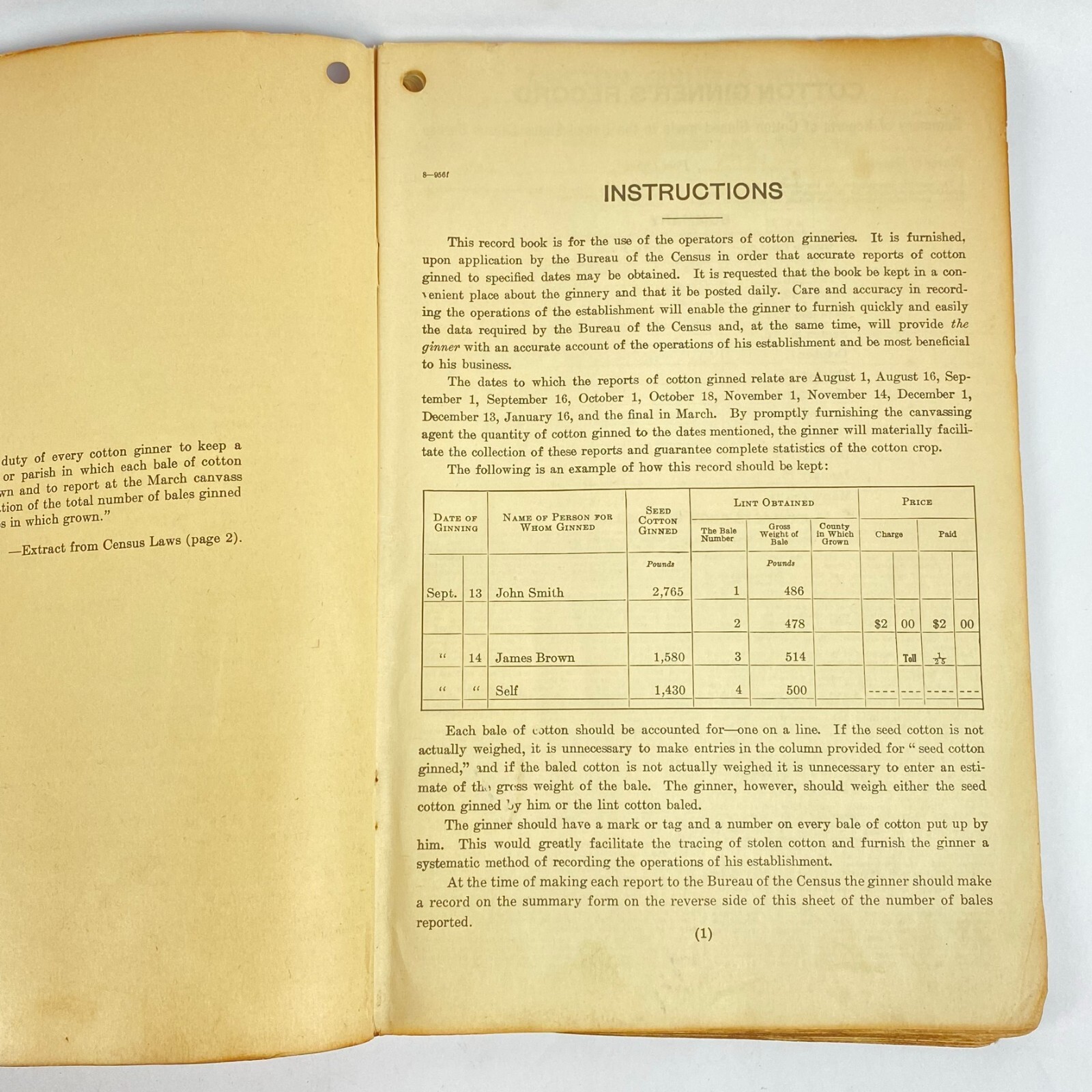 1950’s Dept of Commerce Cotton Ginner’s Record Book Filled Out Vintage