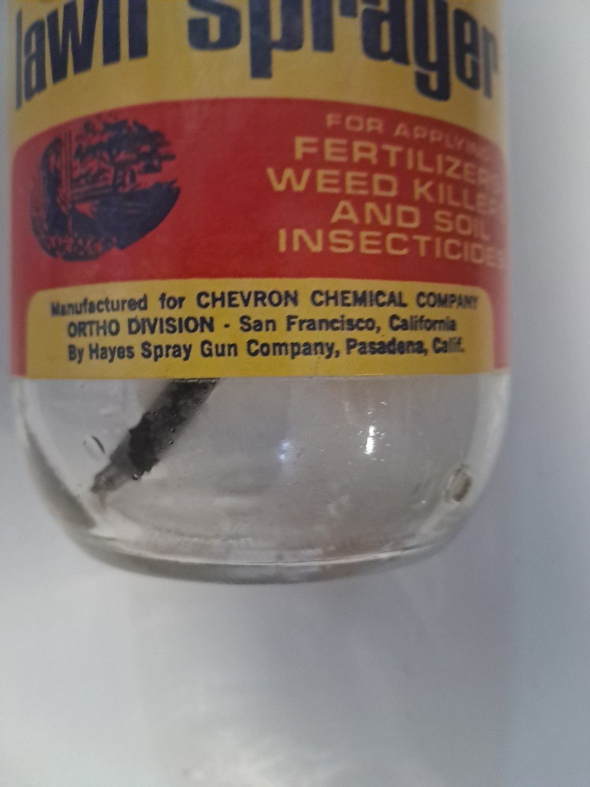 Vintage Ortho Lawn Sprayer Glass Jar Yellow Metal Lid 8″ w/ Instructions ON IT