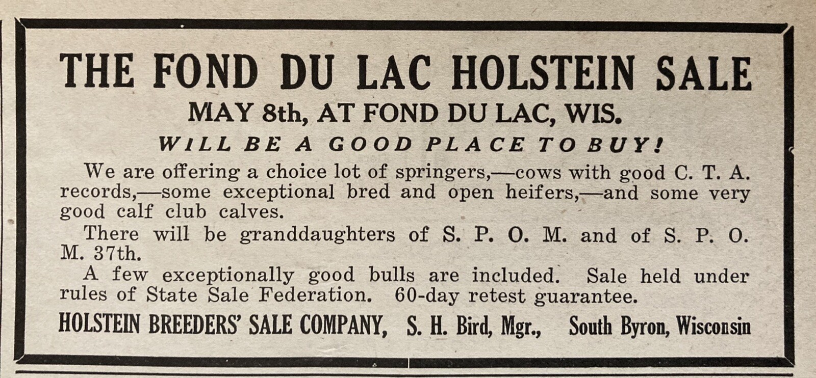 1923 AD.(XH22)~HOLSTEIN BREEDERS’ CO. SOUTH BYRON, WI. FOND DU LAC HOLSTEIN SALE