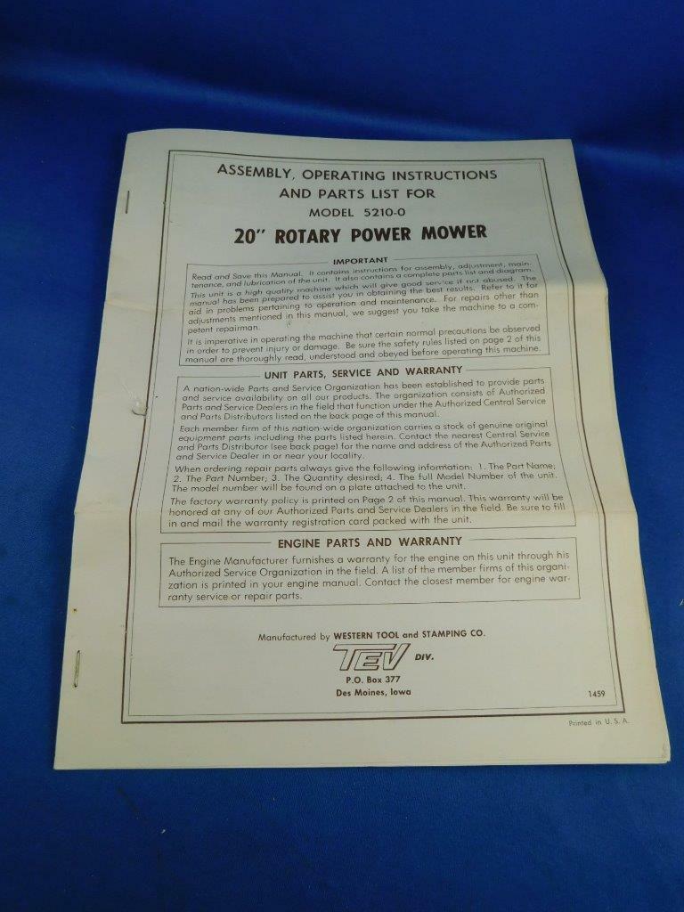 WESTERN TOOL ASSEMBLY OPERATING INSTRUCTIONS PART LIST WARRANTY 20″ POWER MOWER