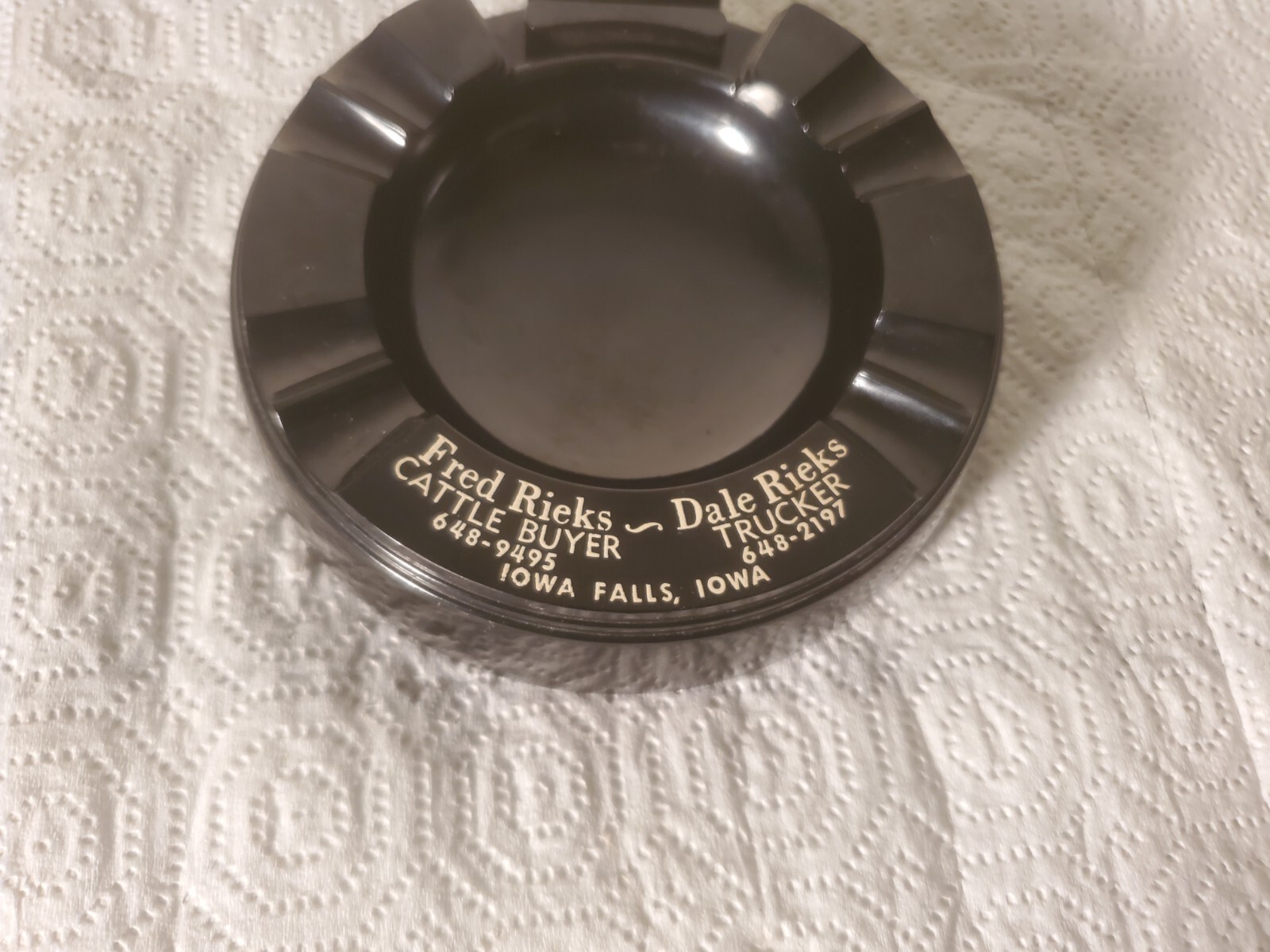 5″ Plastic Ashtray Fred & Dale Rieks Iowa Falls Iowa Trucker Cattle Buyer