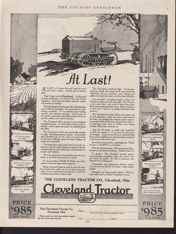 1917 CLEVELAND TRACTOR FARM BARN FIELD CROP AGRICULTURE MOTOR BINDER 17024