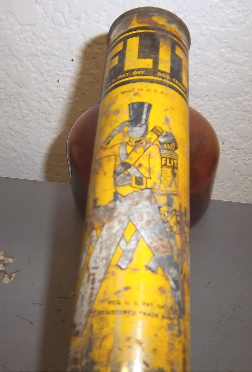 vintage FLIT sprayer, wood handle & amber glass container, great colors!!